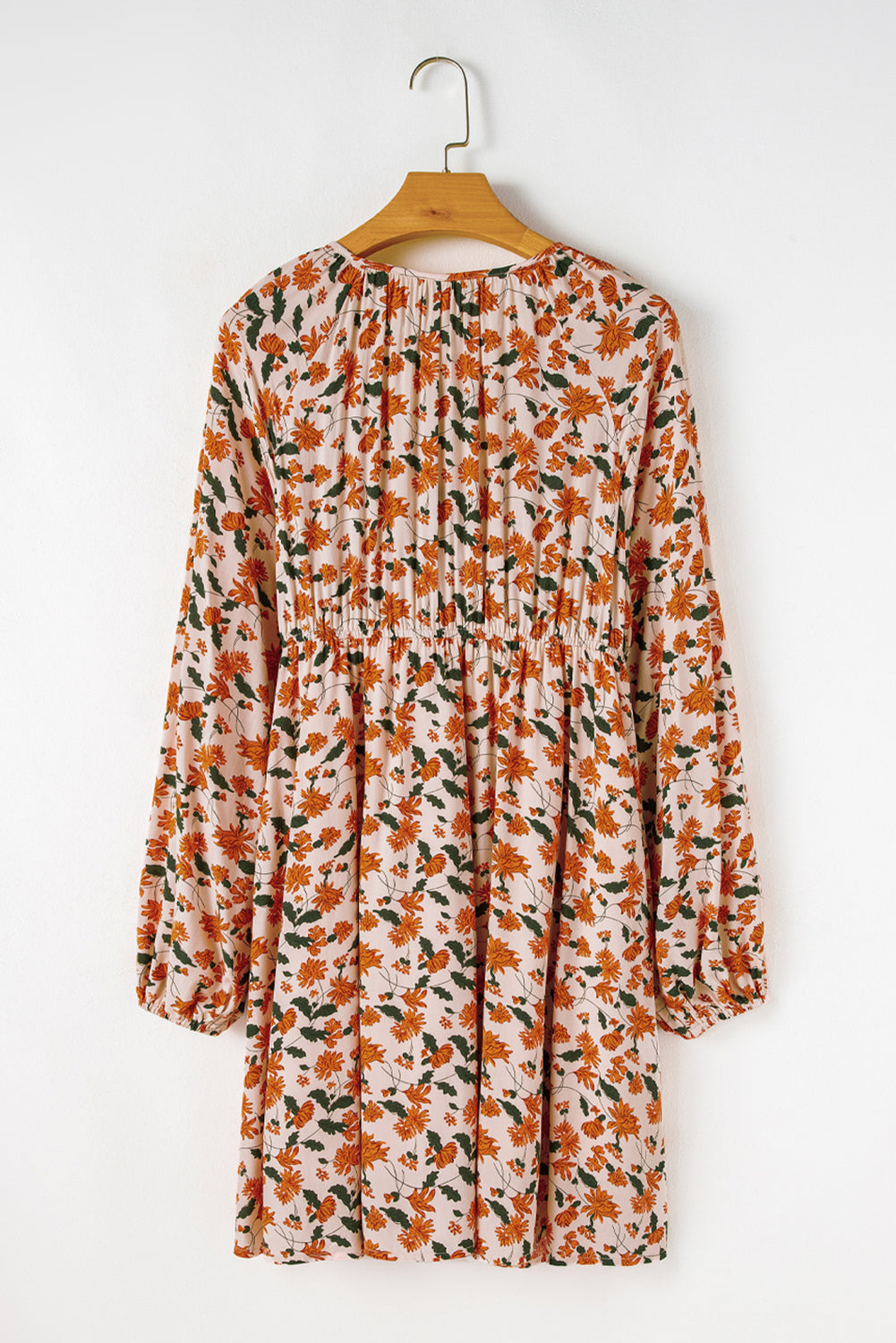 Floral V Neck Smocked Bust Bubble Sleeve Mini Dress