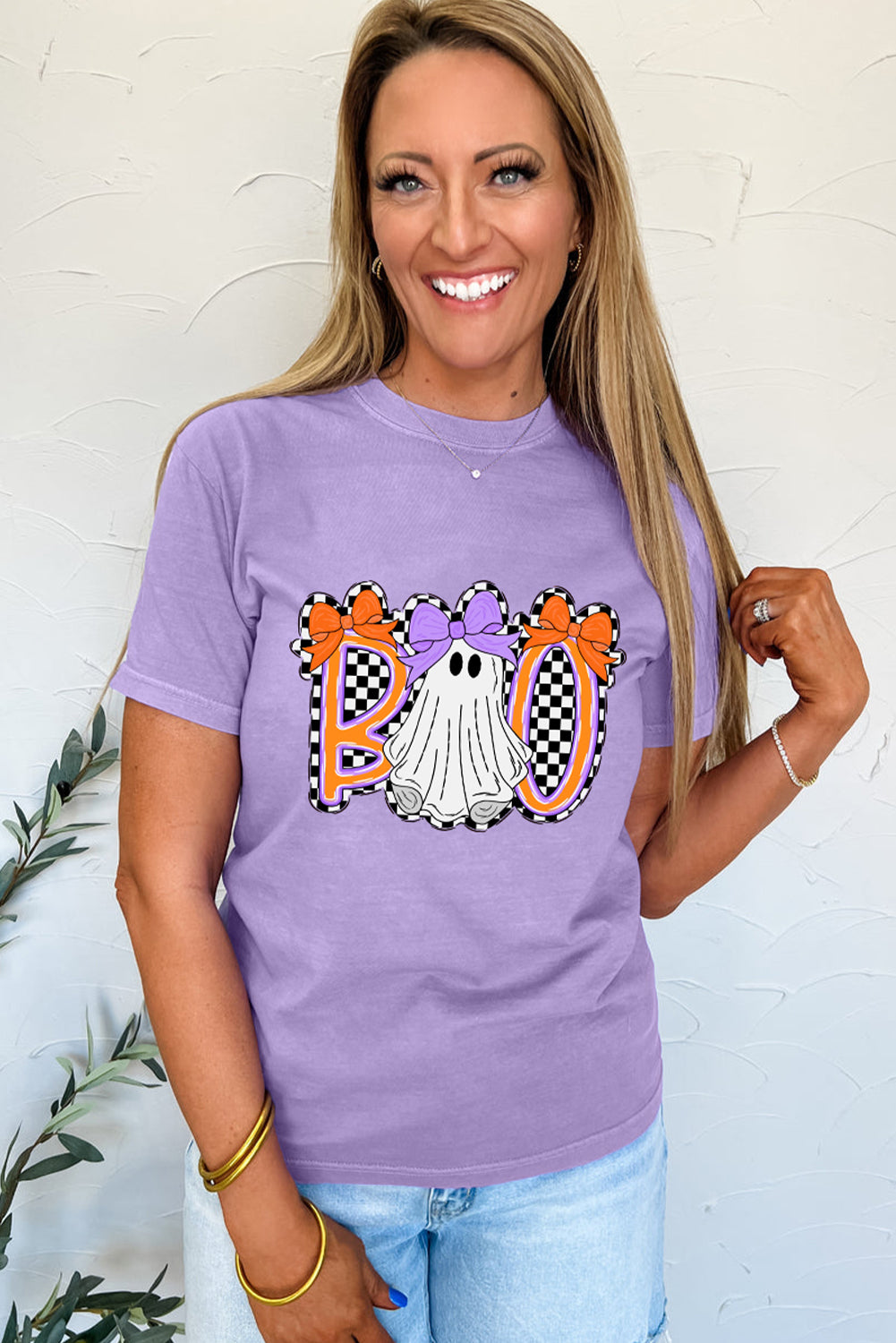 Wisteria Boo Ghost Checkered Bow Halloween Graphic Tee