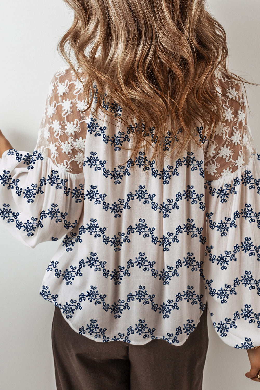 Lace Patchwork Embroidered Split Neck Fall Blouse