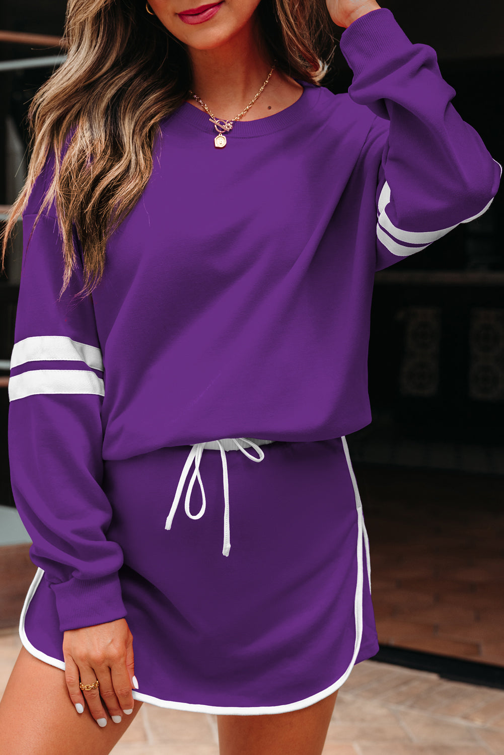 Varsity Stripe Pullover and Mini Skirt Two Piece Set