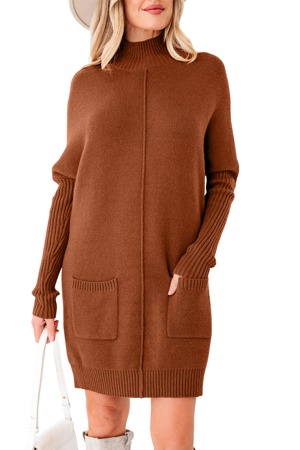 Ribbed High Neck Pocket Shift Knit Sweater Dress