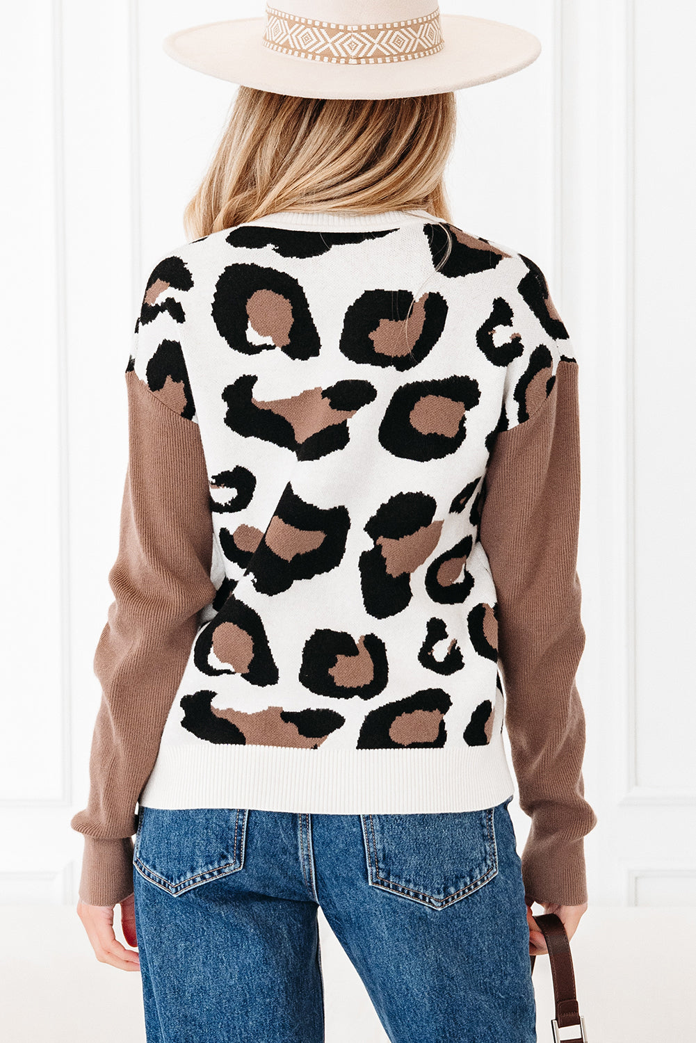 Stream Leopard Print Color Block Patchwork V Neck Sweater