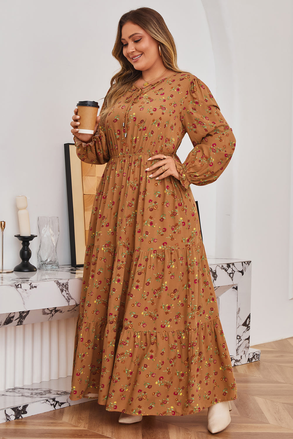 Plus Size Holiday Floral Tiered Maxi Dress
