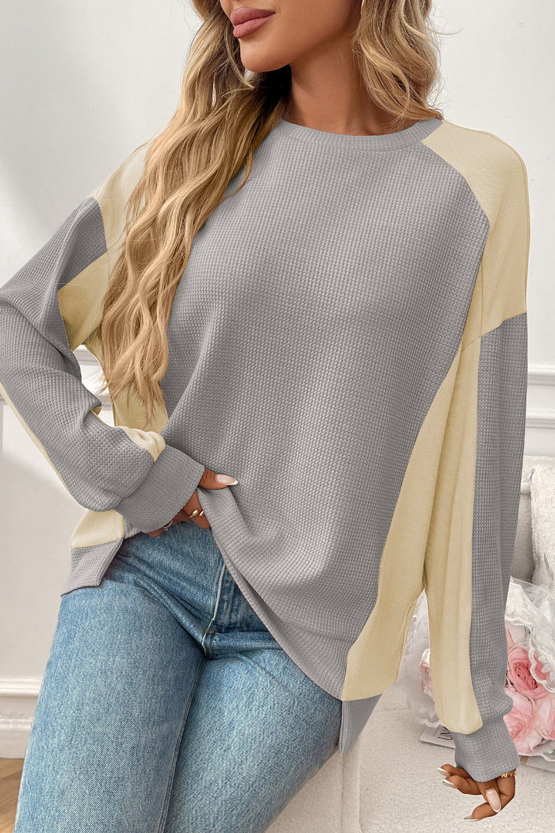 Colorblock Waffle Knit Crewneck Long Sleeve Top