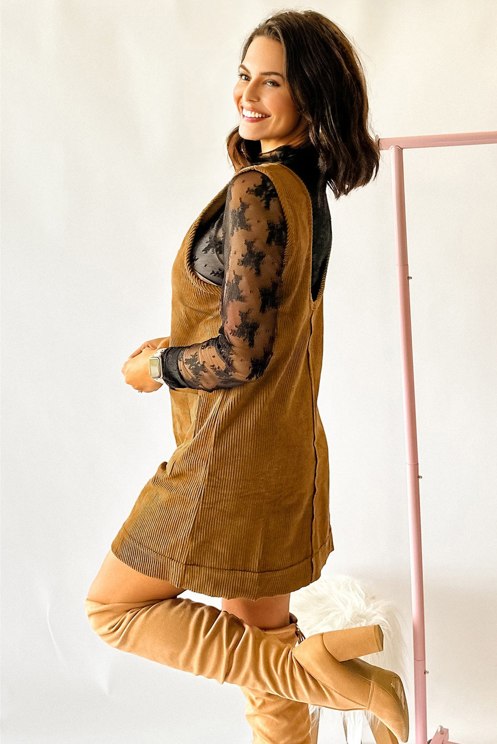 Corduroy Sleeveless Mini Dress With Patched Pockets