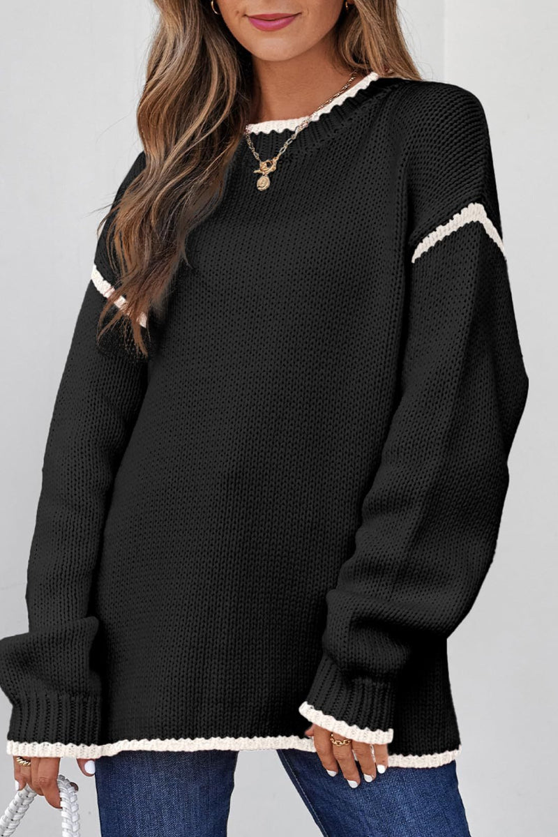 Women Color Block Crew Neck Pullover Sweater