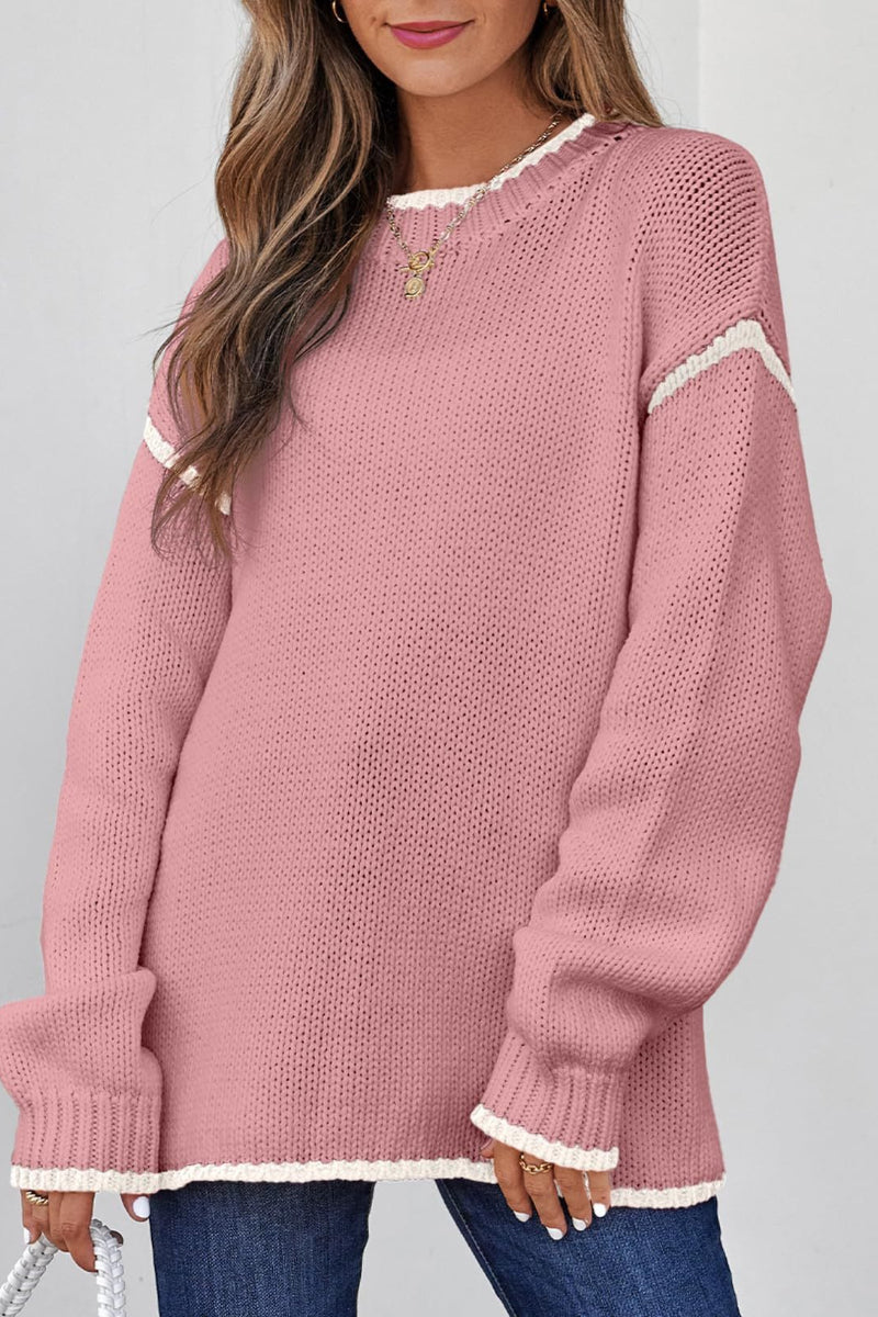 Women Color Block Crew Neck Pullover Sweater