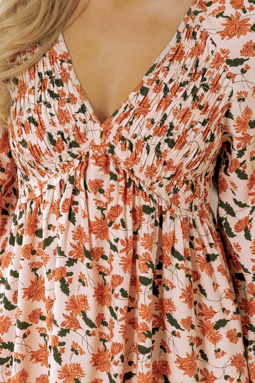 Floral V Neck Smocked Bust Bubble Sleeve Mini Dress