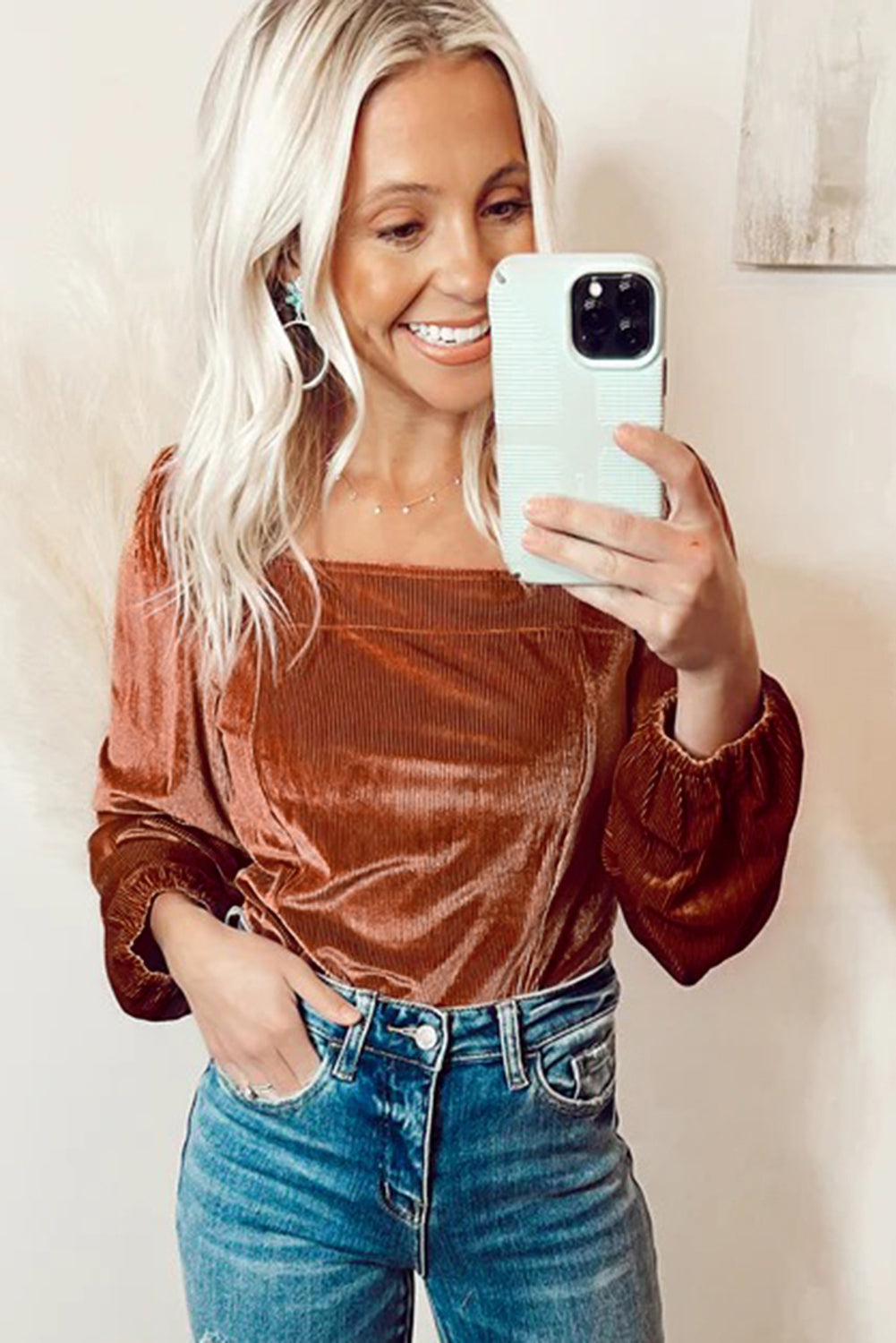 Velvet Ribbed Texture Square Neck Puff Sleeve Top