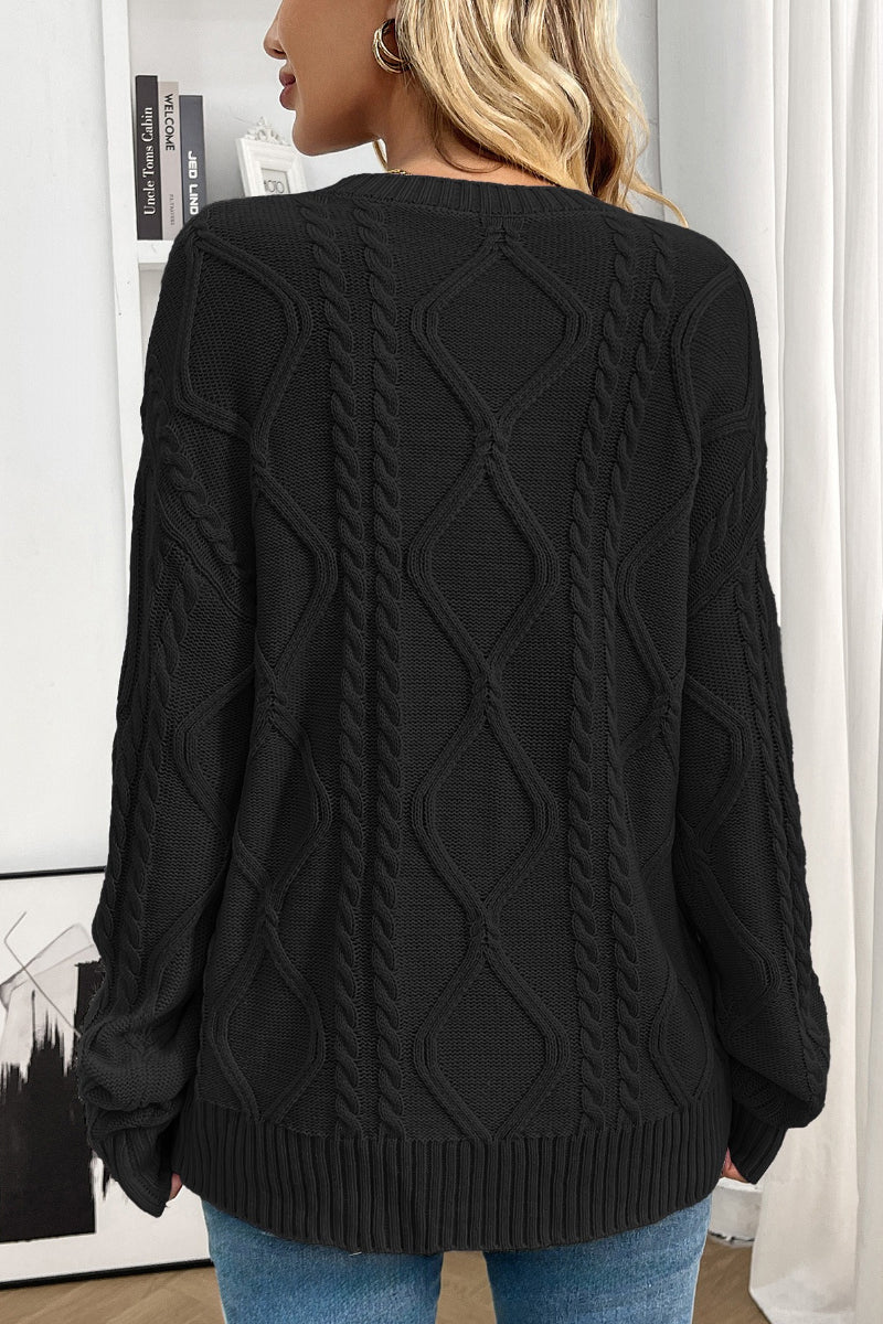 Women Cable Knit Crew Neck Pullover Sweater