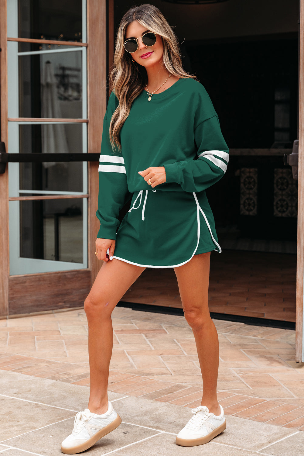 Varsity Stripe Pullover and Mini Skirt Two Piece Set