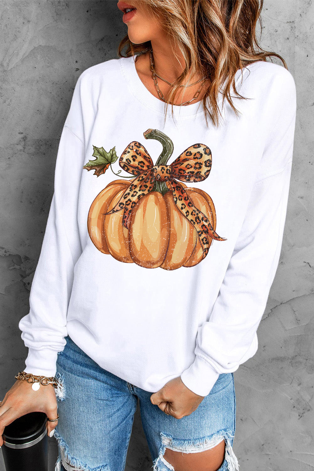 Beige Leopard Bowknot Pumpkin Graphic Sweatshirt