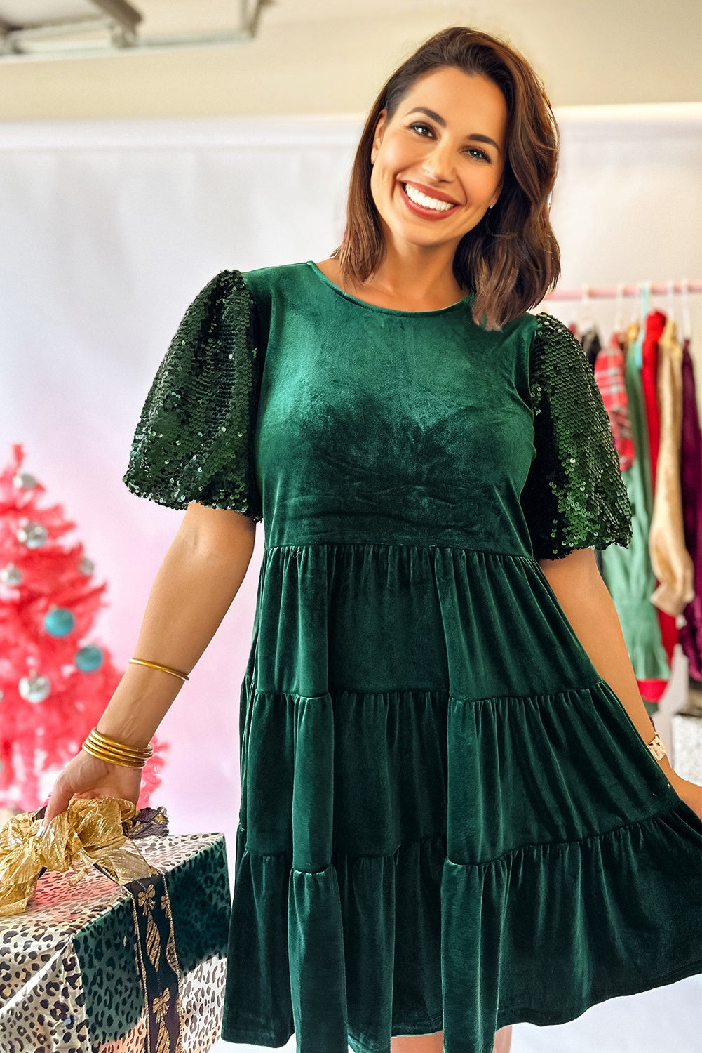 Evergreen Sequin Puff Sleeve Tiered Velvet Mini Dress