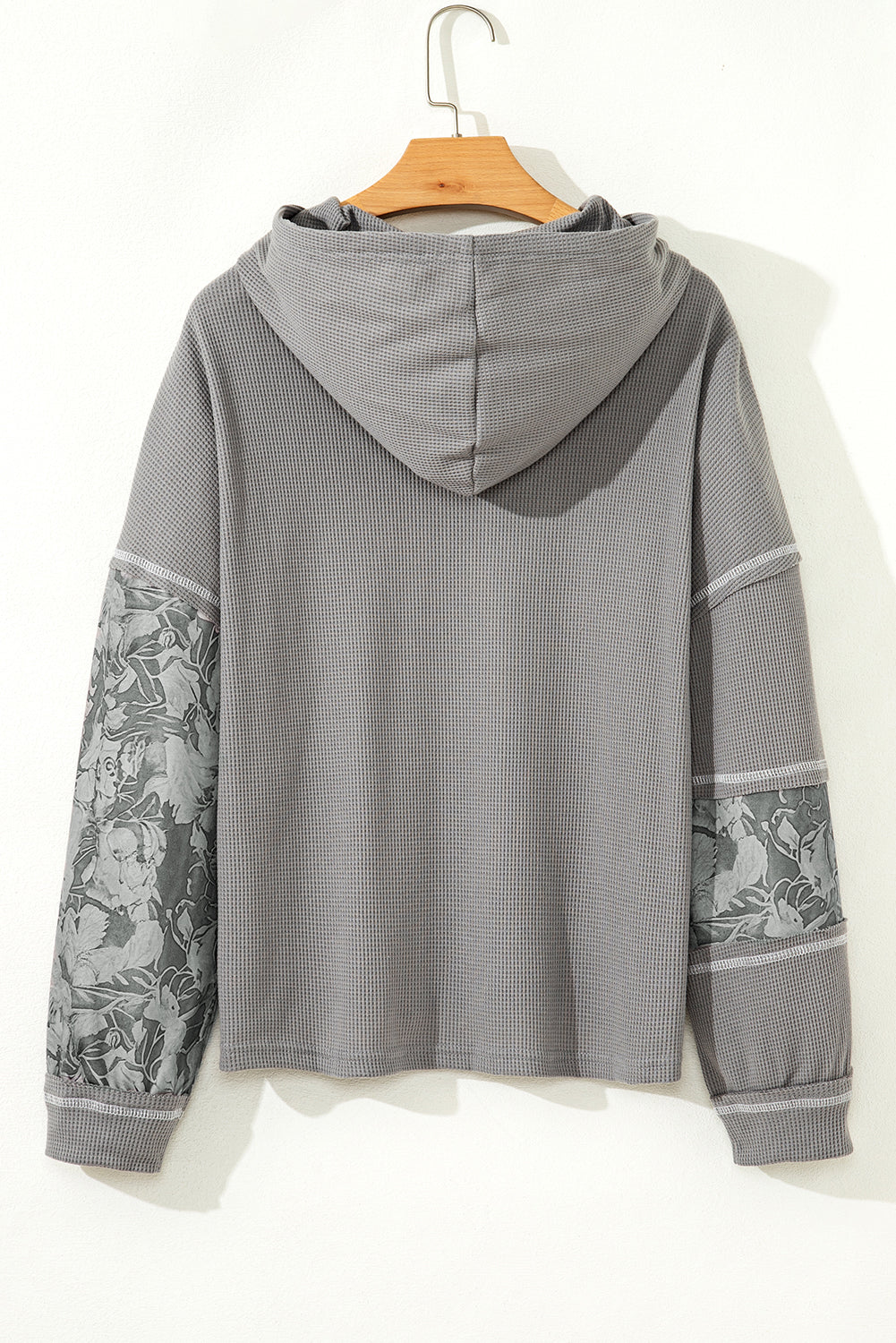 Waffle Patchwork Stripe Print Hooded Long Sleeve Top