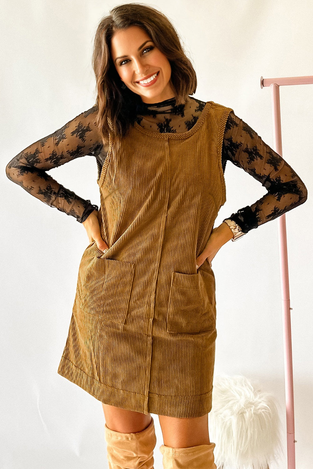 Corduroy Sleeveless Mini Dress With Patched Pockets