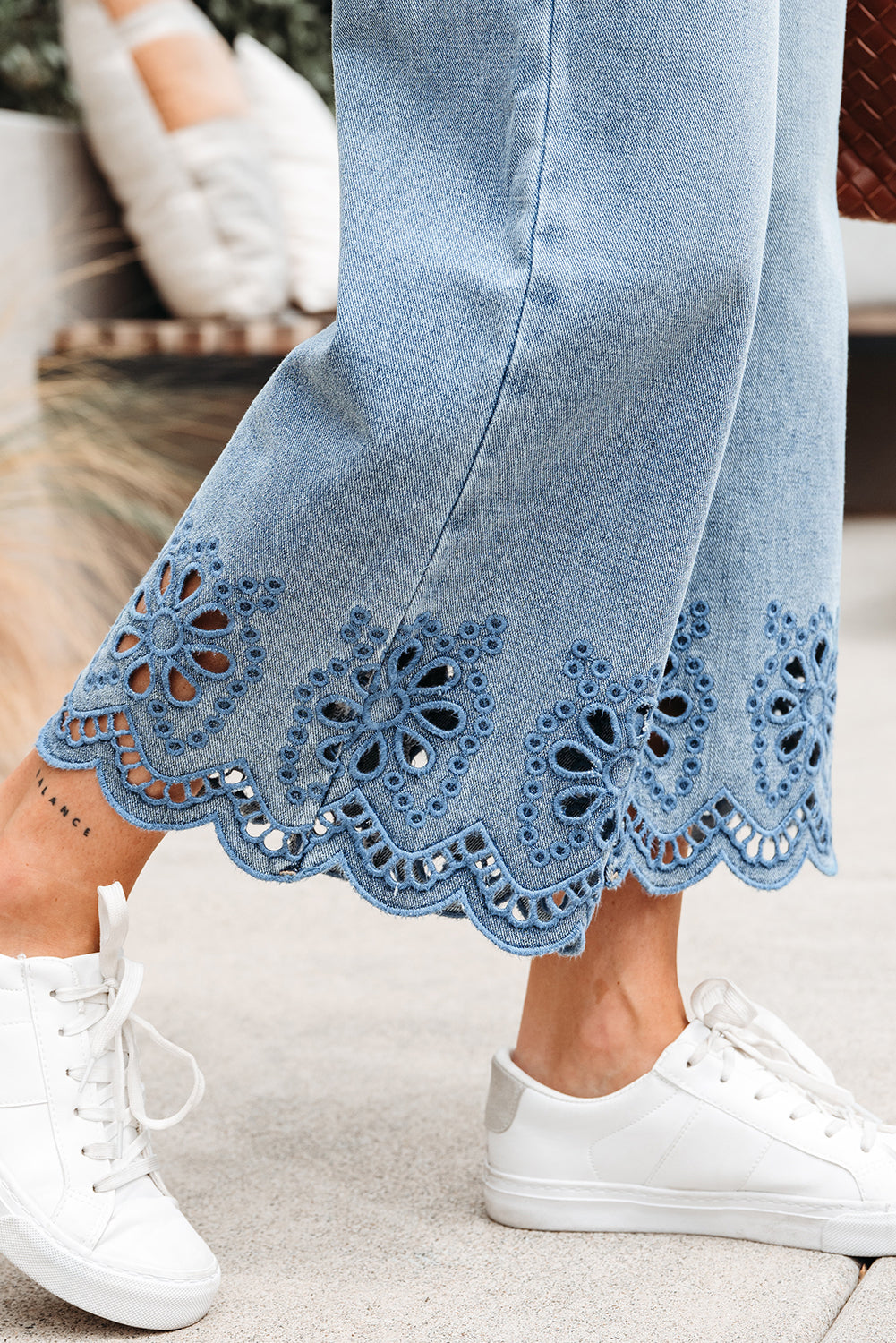 Embroidered Eyelet Wide Leg Cropped Jeans