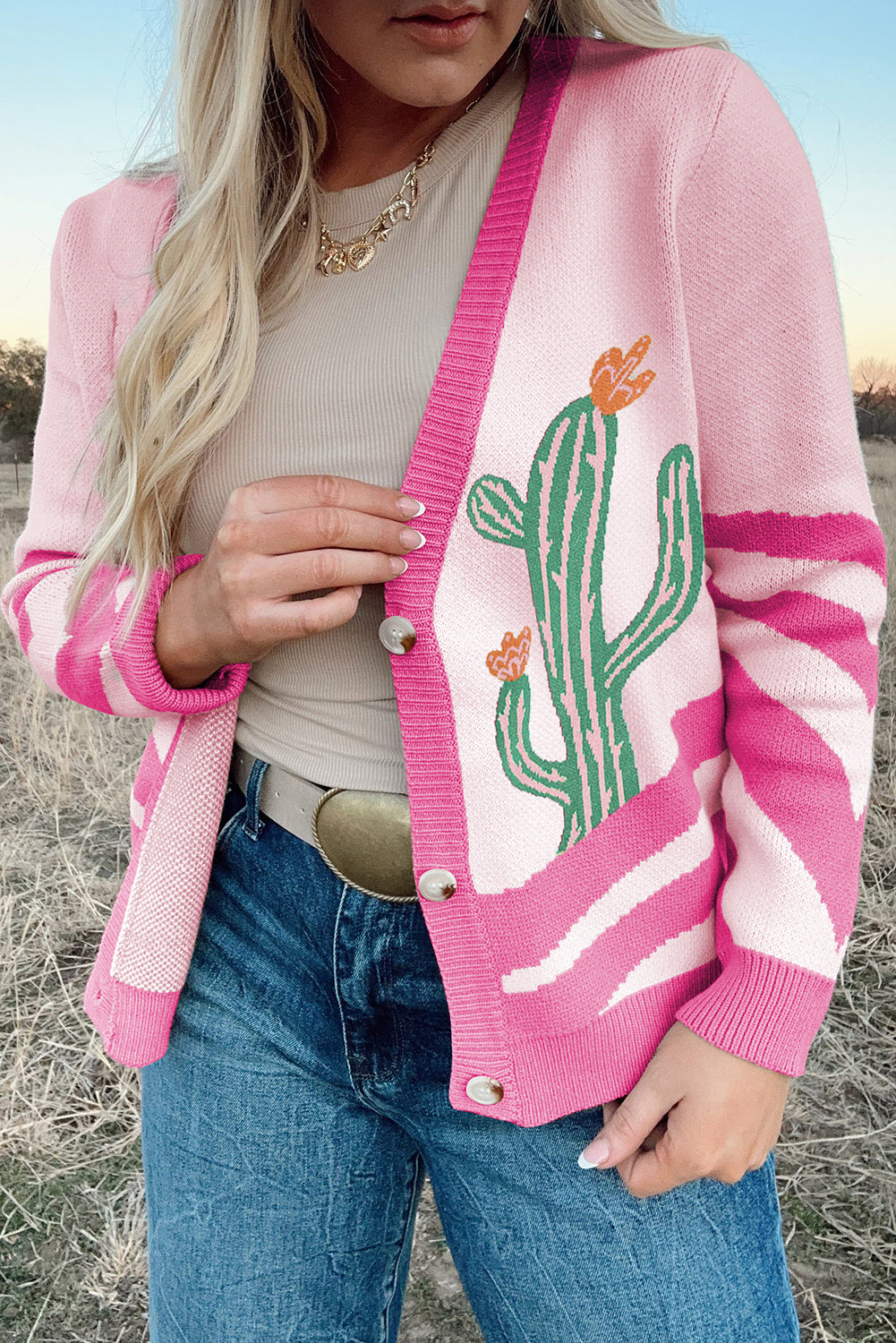 Apricot Cactus Western V Neck Knit Cardigan