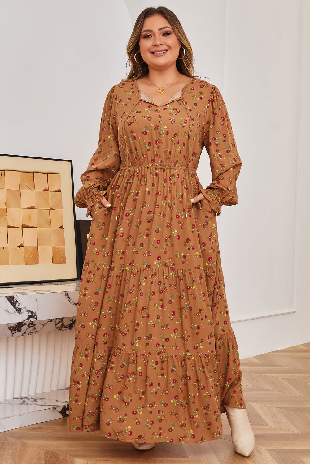 Plus Size Holiday Floral Tiered Maxi Dress