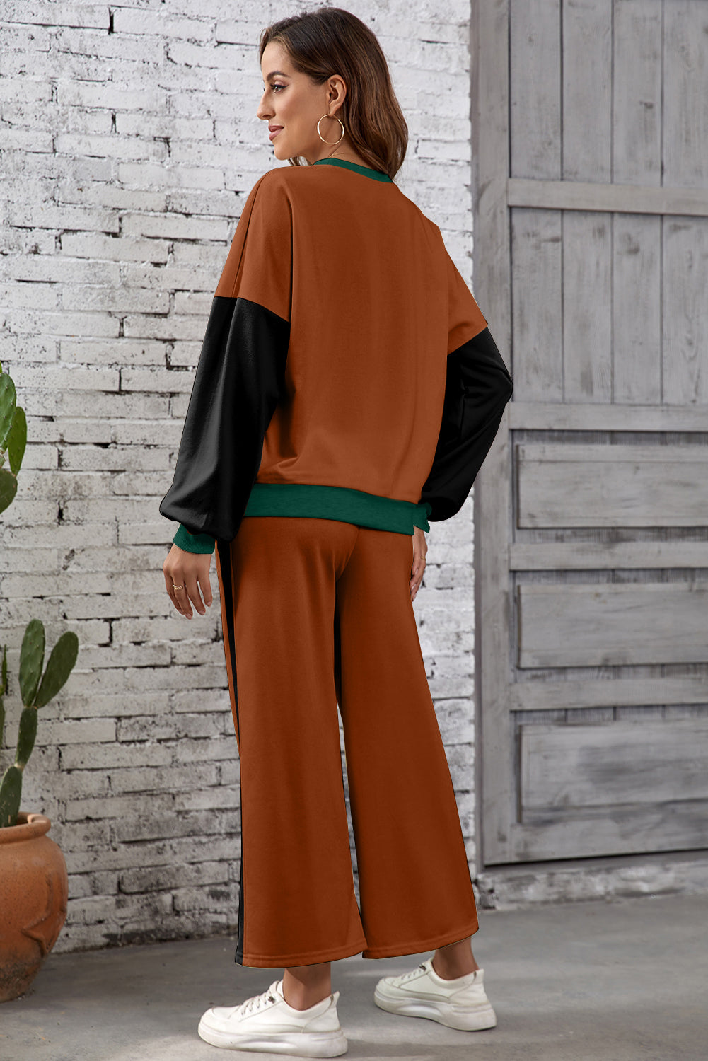 2pcs Color Block Casual Pullover Pant Set
