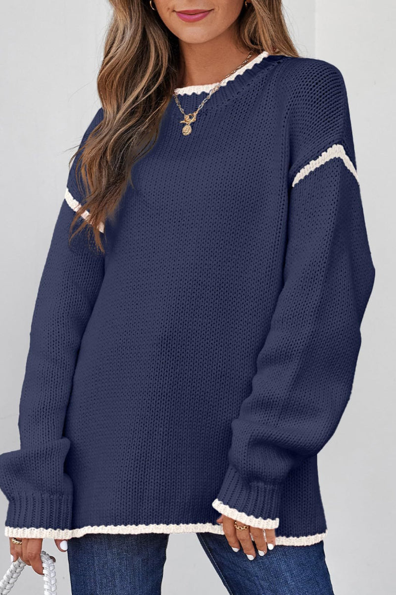 Women Color Block Crew Neck Pullover Sweater