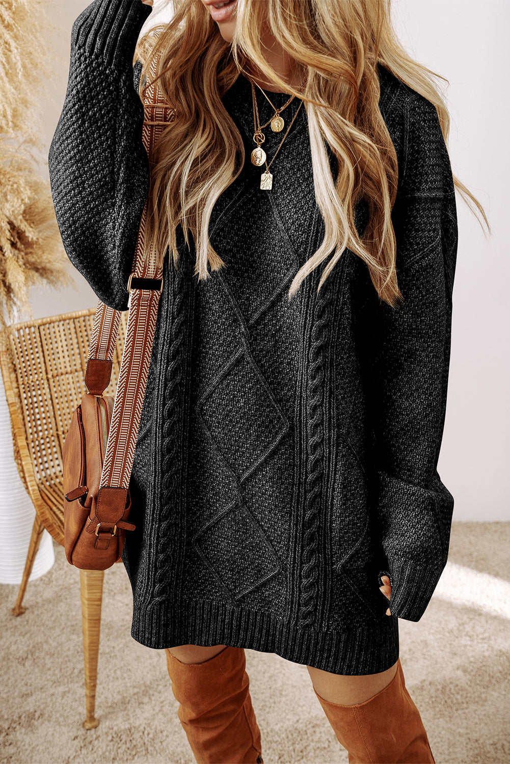 Cozy Cable Knit Drop Shoulder Sweater Dress