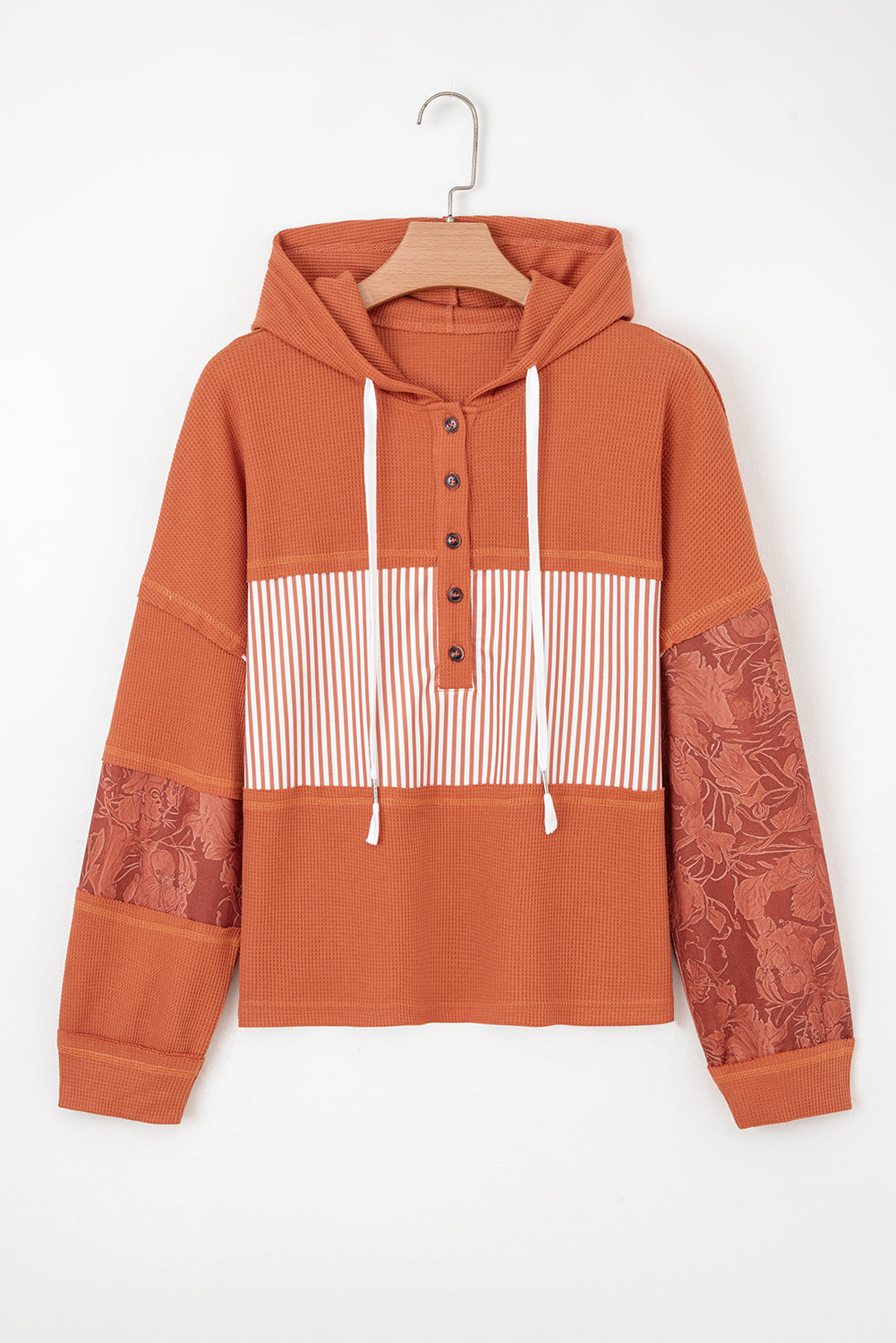 Waffle Patchwork Stripe Print Hooded Long Sleeve Top