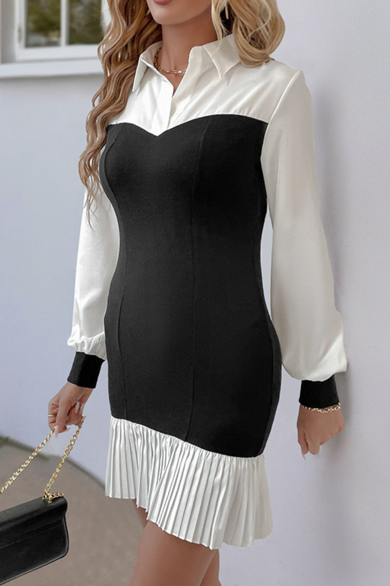 Colorblock Pleated Hem Contrast Shirt Dress Women