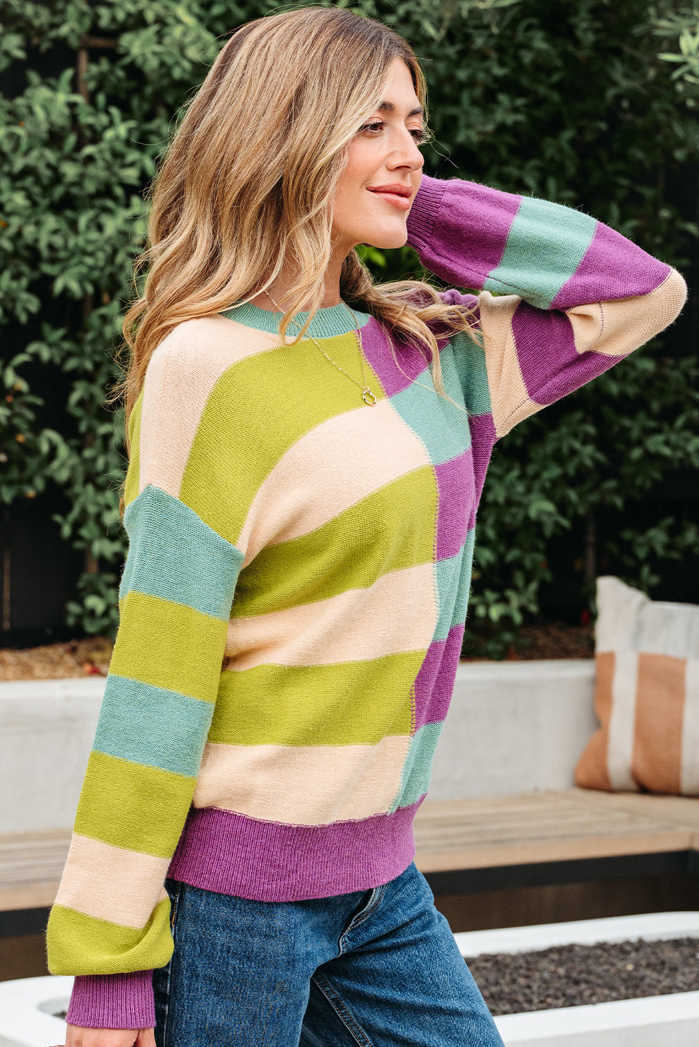 Colorblock Green Stripe Drop Shoulder Sweater