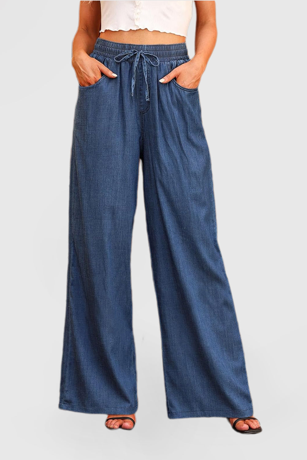 Women's High-Rise Wide-Leg Drawstring Denim Pants