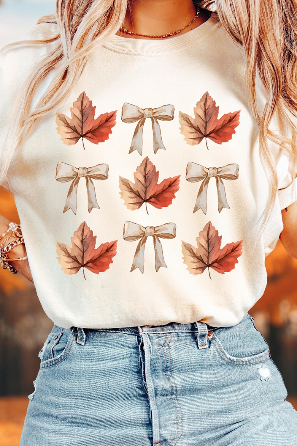 White Fall Leaf Bow Thanksgiving Graphic Tee