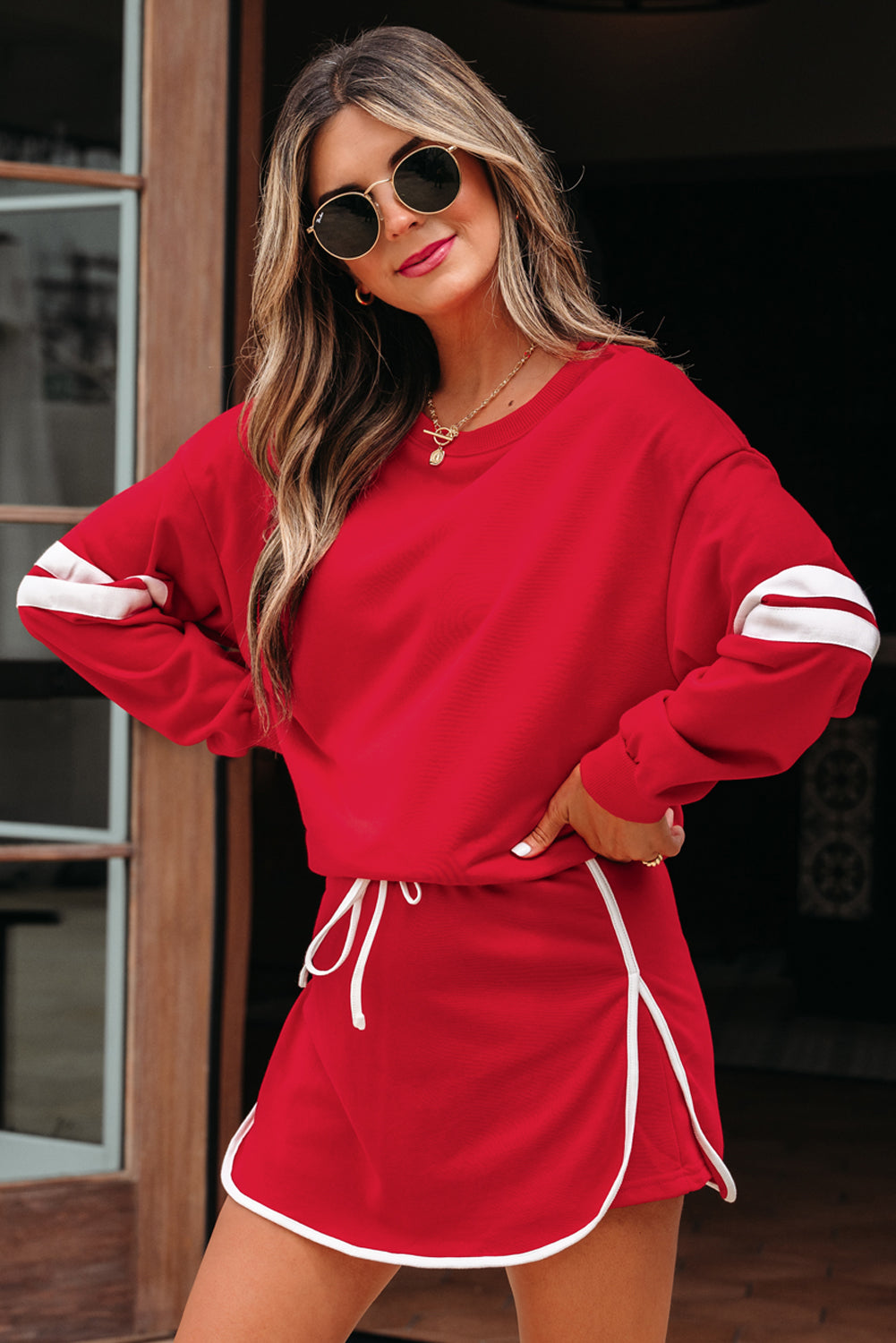 Varsity Stripe Pullover and Mini Skirt Two Piece Set