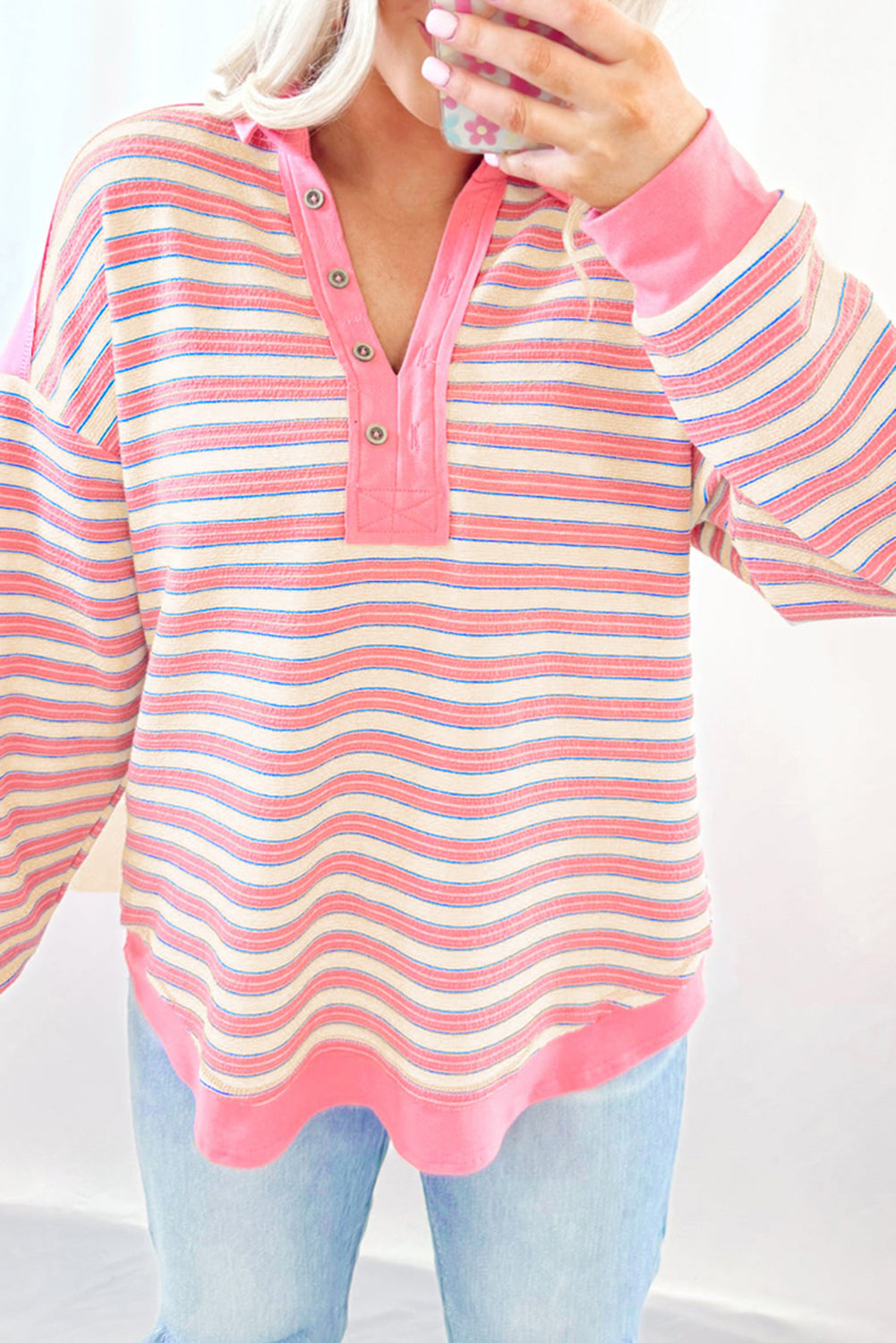 Buttoned V Neck Collared Drop Shoulder Top