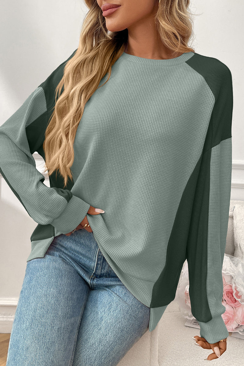 Colorblock Waffle Knit Crewneck Long Sleeve Top