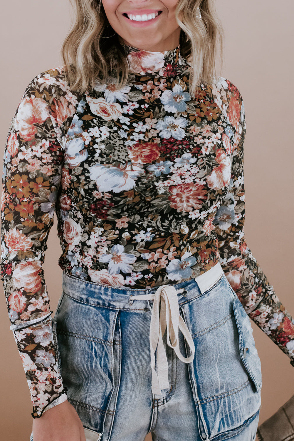 Brown Floral Mesh Long Sleeve Turtleneck Top