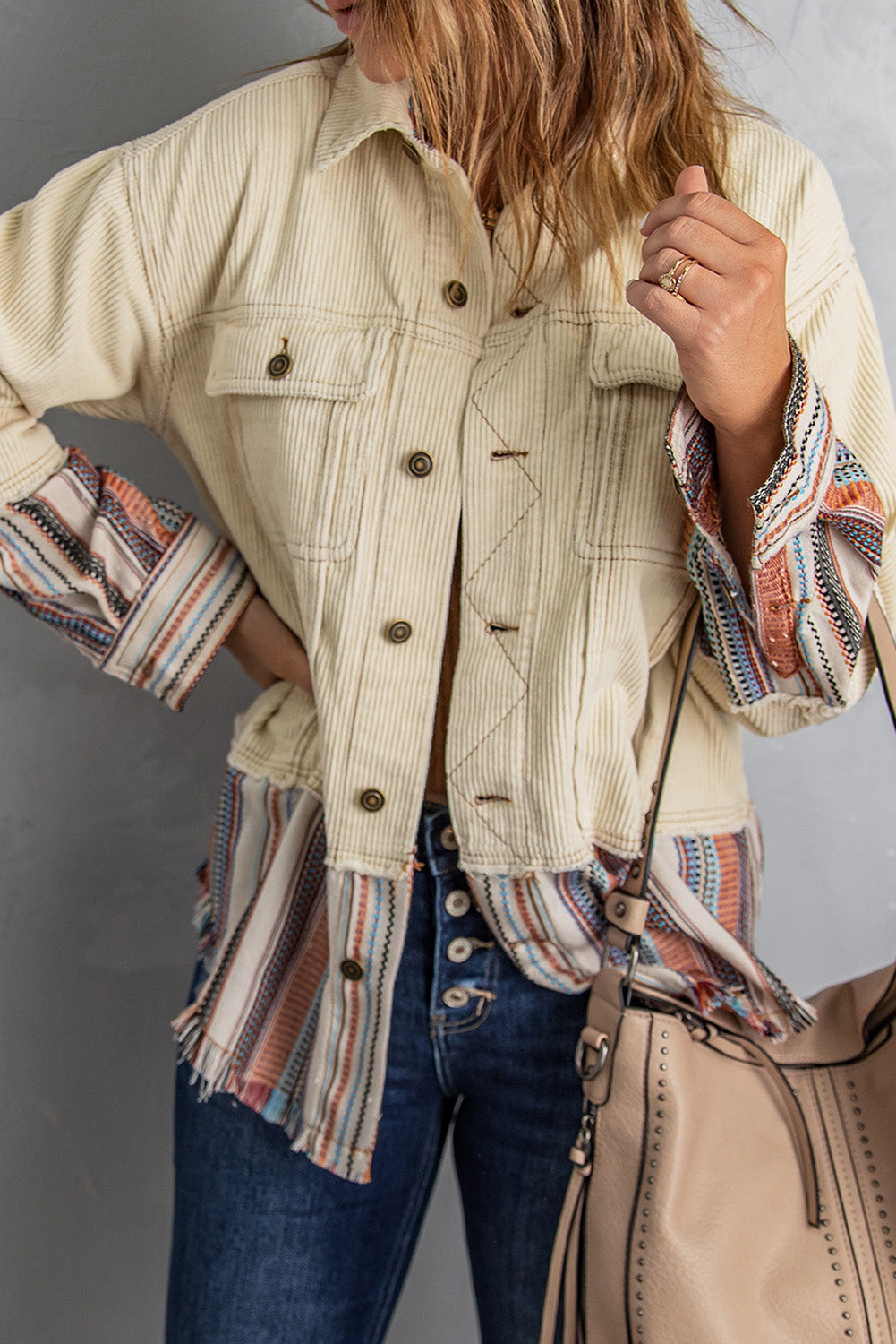 Striped Color Block Corduroy Jacket with Pockets