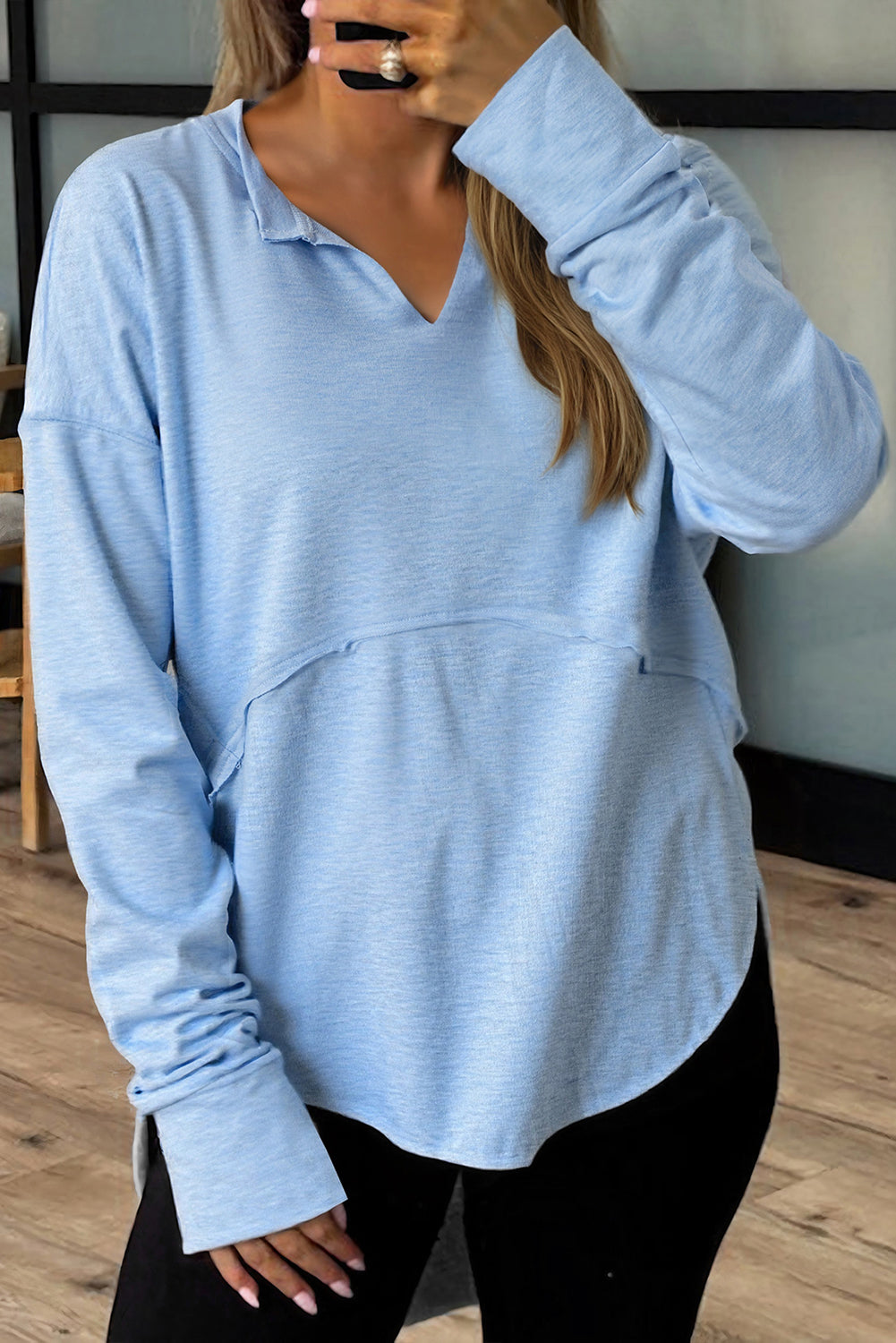 Smoke Green Notched Neck Terry Raw Hem Long Sleeve Top