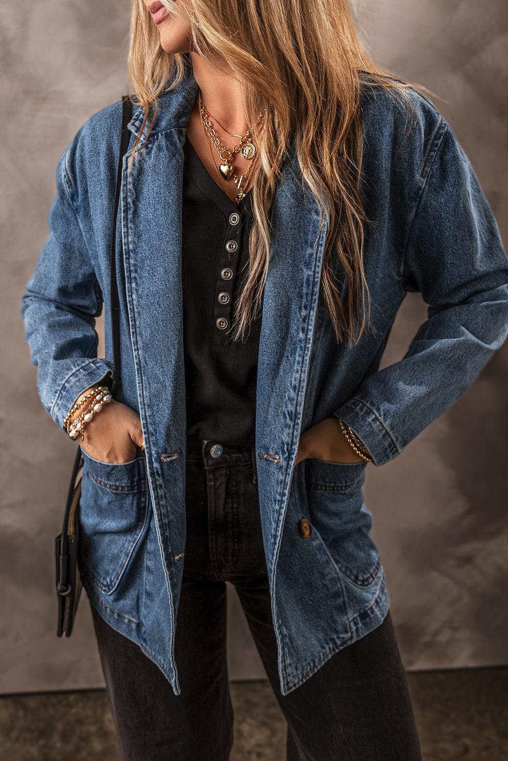 Black Denim Jacket with Lapel Collar and Side Pockets