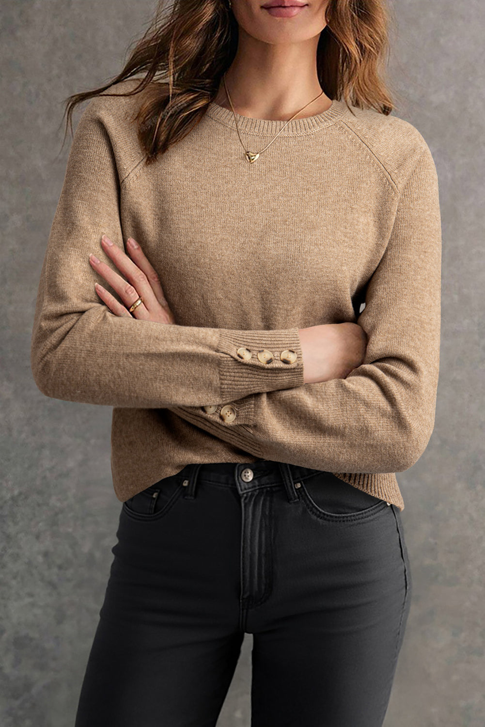 Buttoned Bishop Sleeve Crew Neck Sweater