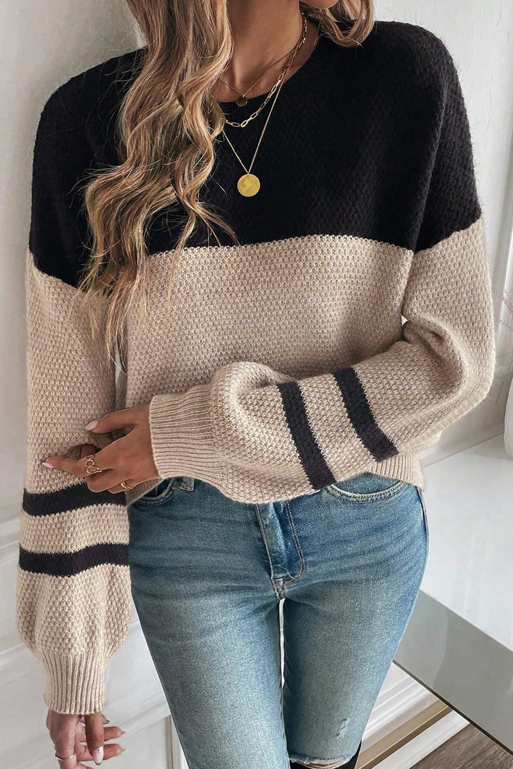 Block Knit Striped Sleeve Casual Fall Sweater