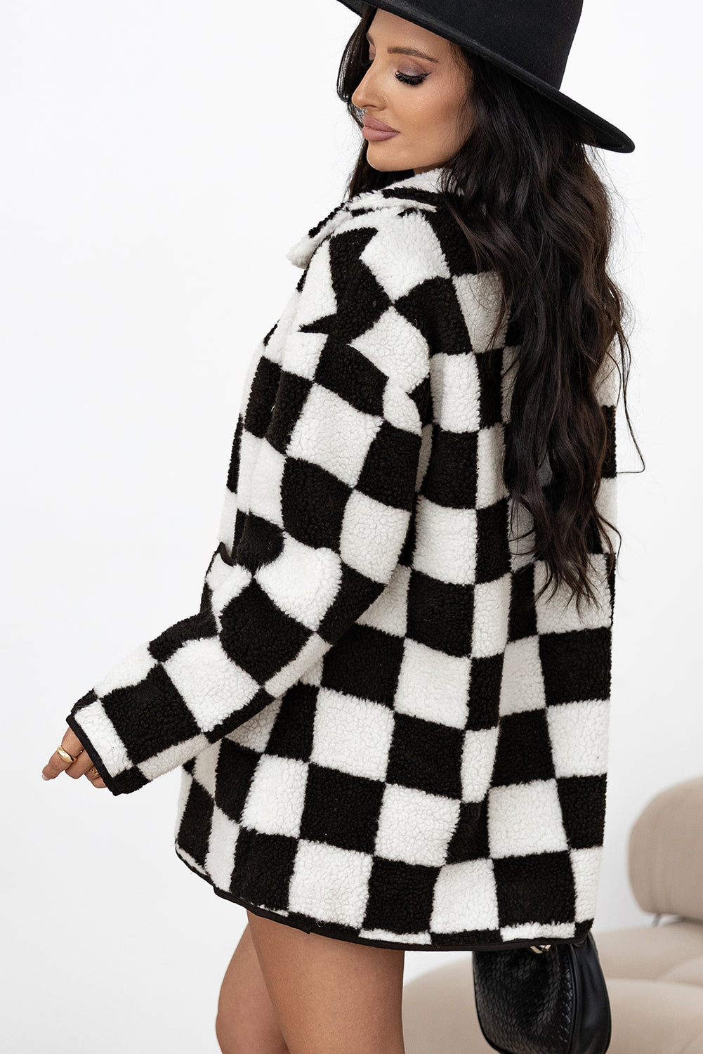 Black Checkered Fleece Jacket with Collared Neck and Pockets