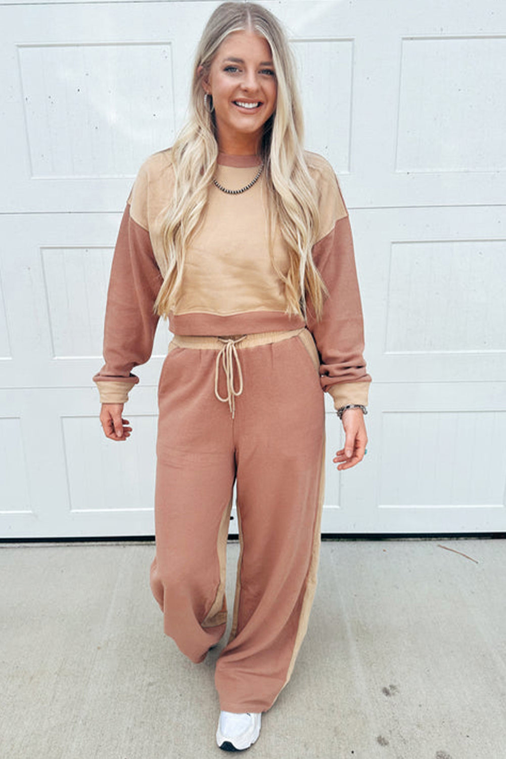 Color Block Long Sleeve Crop Top Drawstring Pant Set