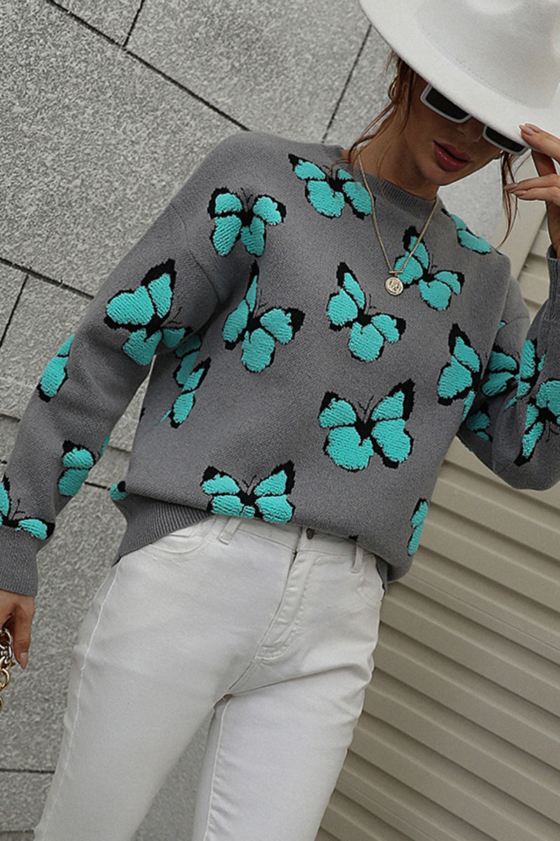 Womens Butterfly Print Crewneck Knit Sweater