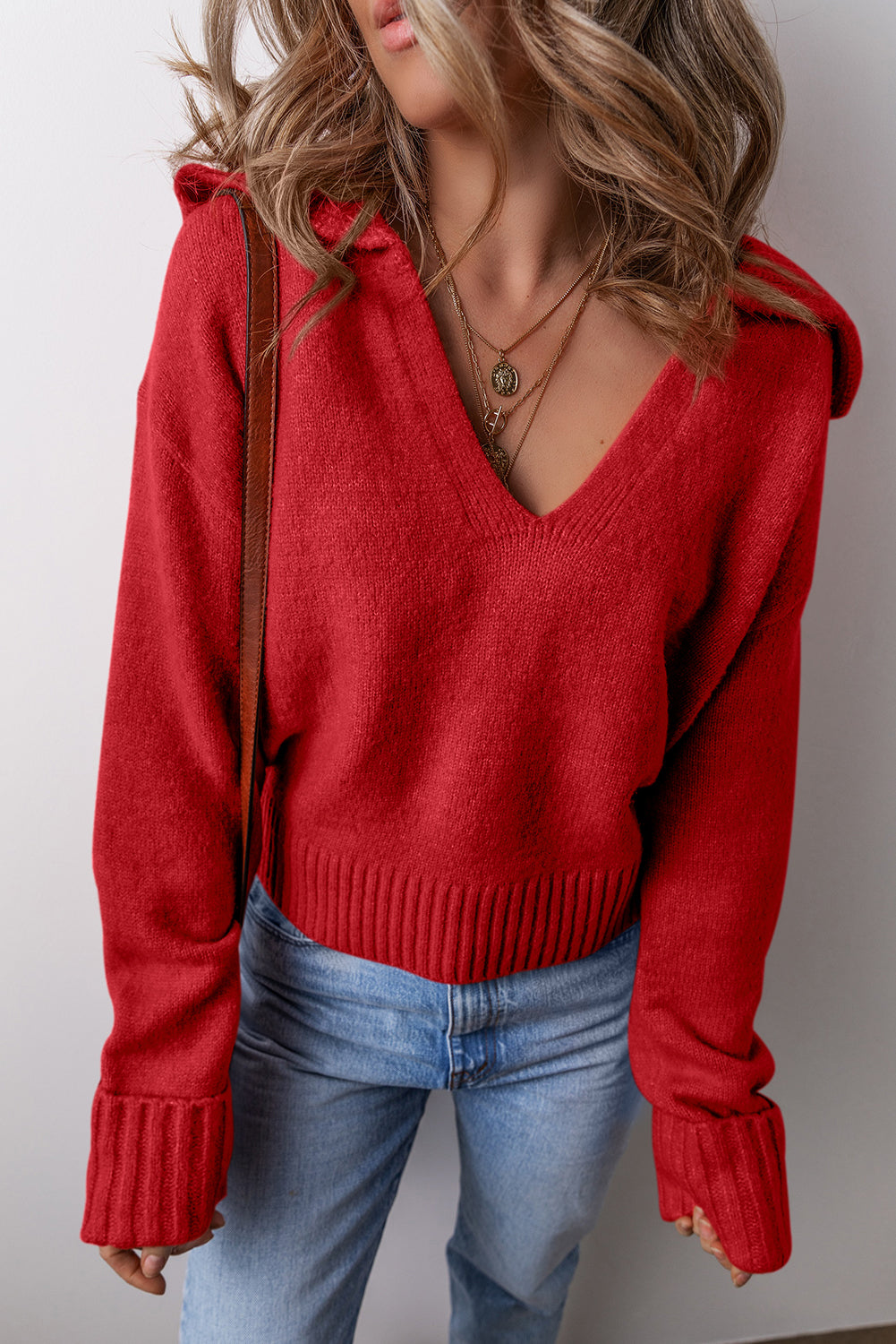 Collared V Neck Ribbed Edge Elegant Sweater