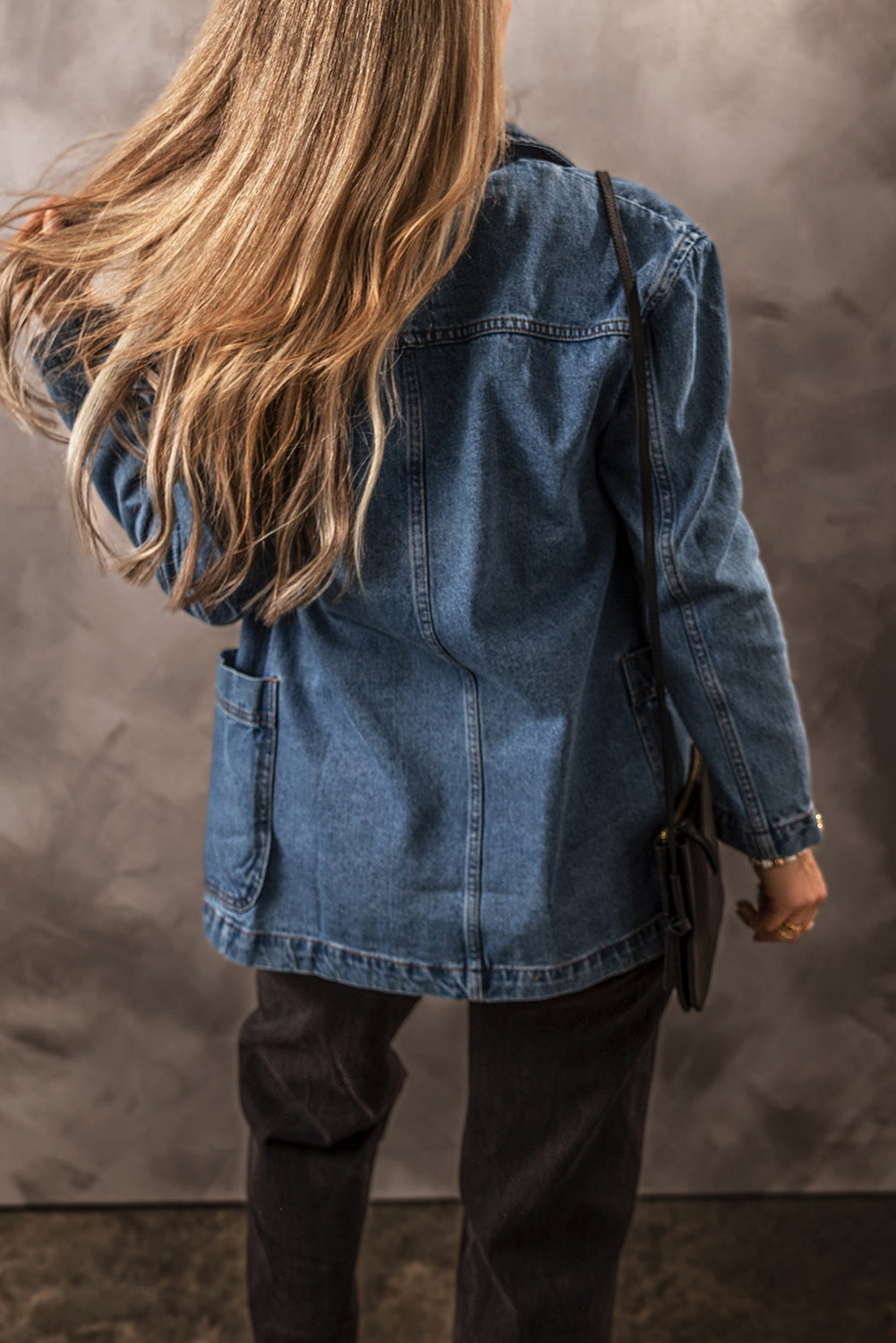 Black Denim Jacket with Lapel Collar and Side Pockets