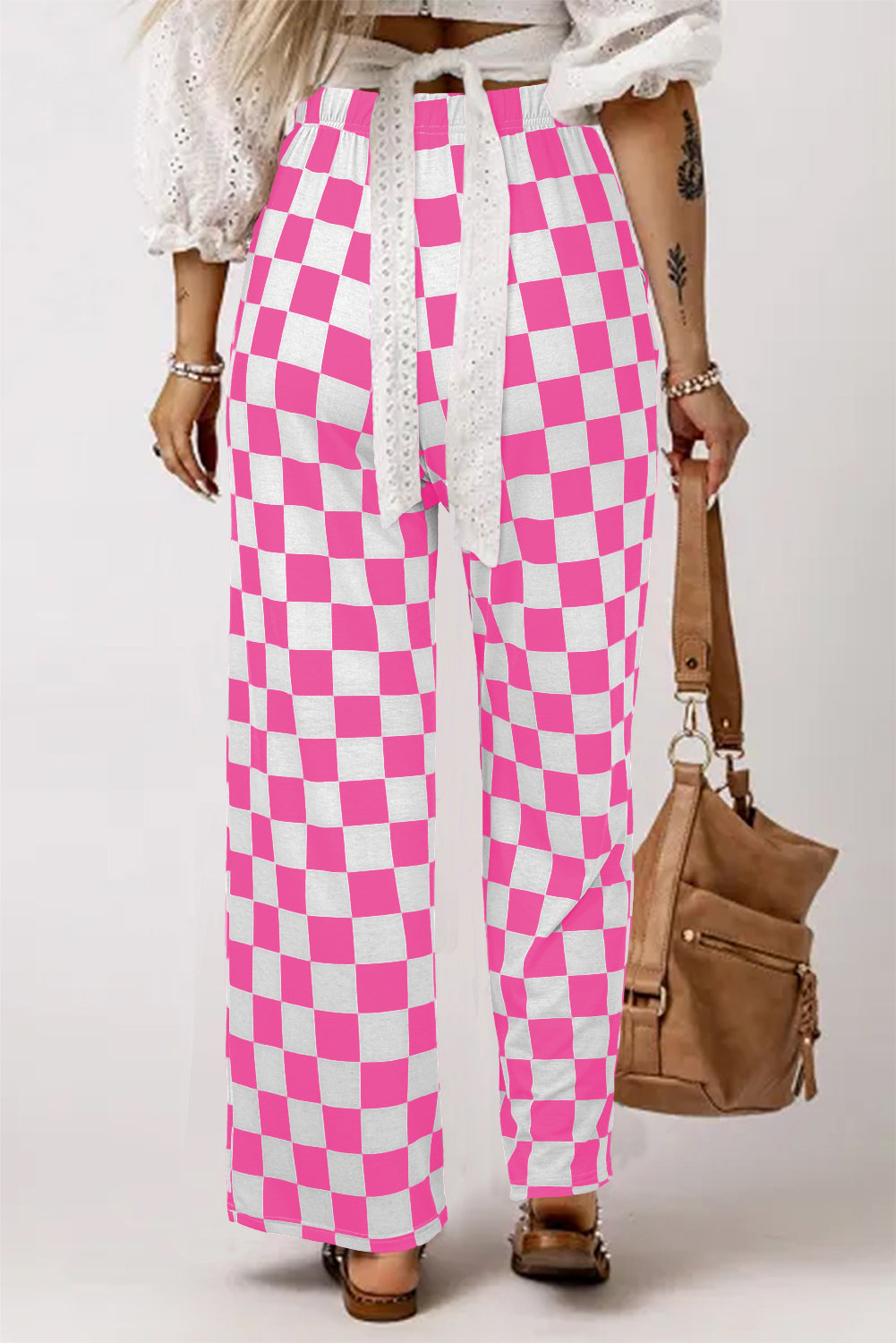 2-Tone Checked High Waist Wide Leg Pants