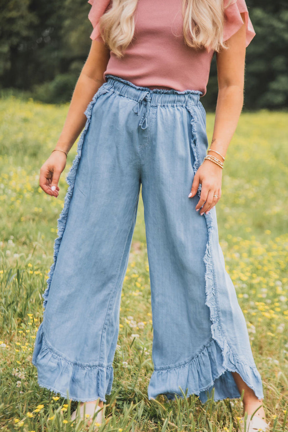 Myosotis Raw Hem Ruffled Wide Leg Jeans