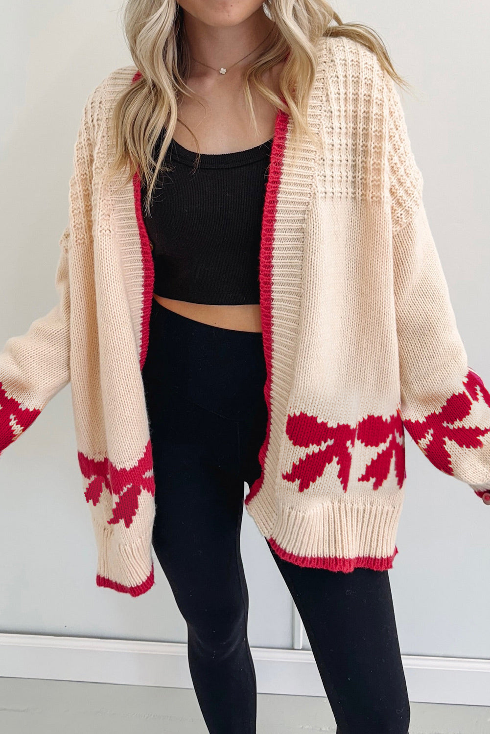 Apricot Bow Pattern Textured Open Front Cardigan
