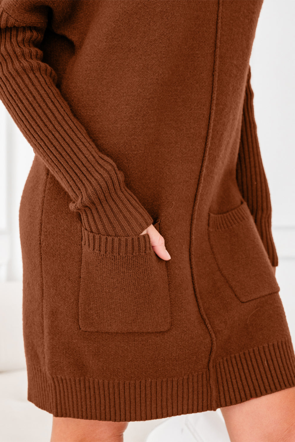 Ribbed High Neck Pocket Shift Knit Sweater Dress