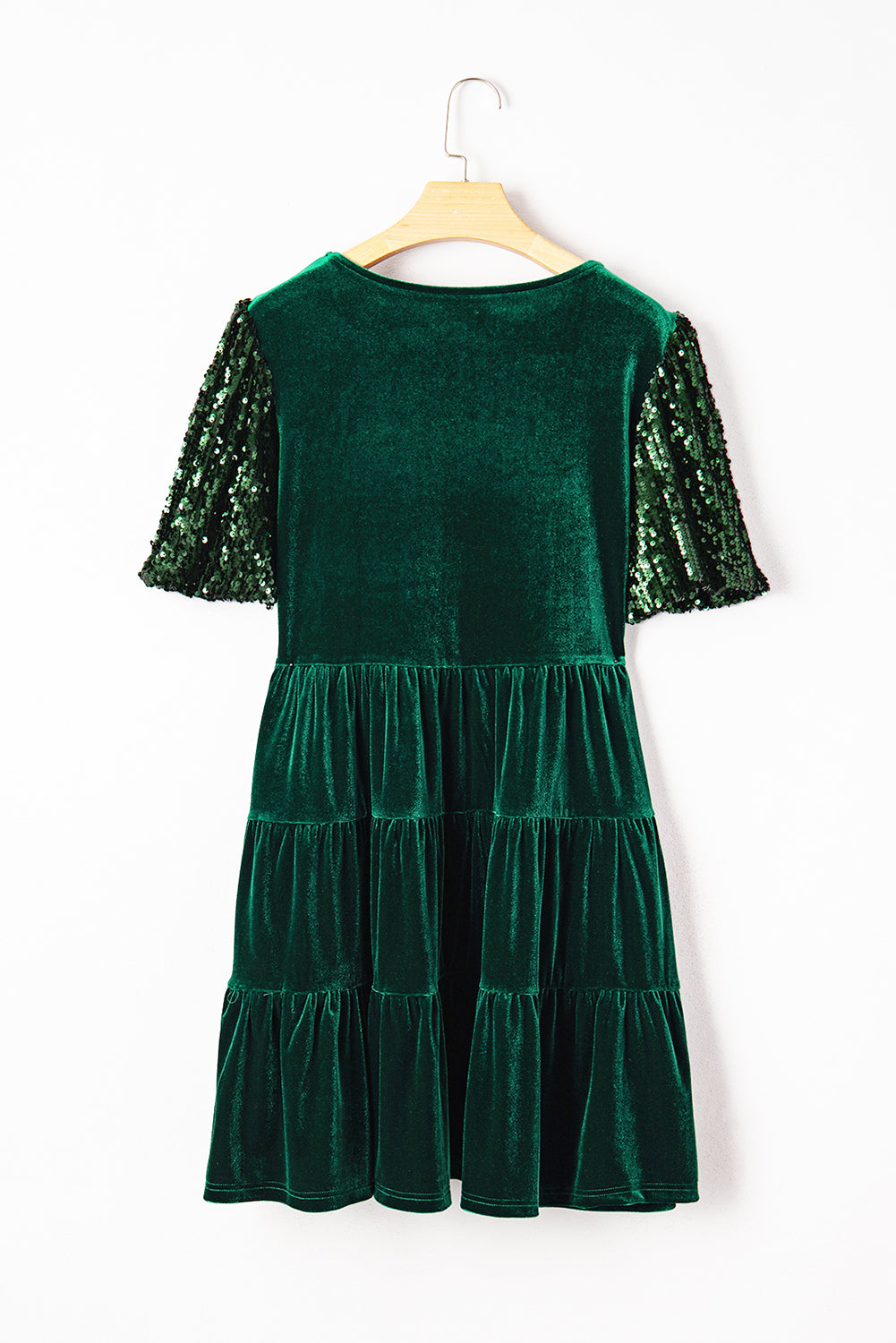Evergreen Sequin Puff Sleeve Tiered Velvet Mini Dress
