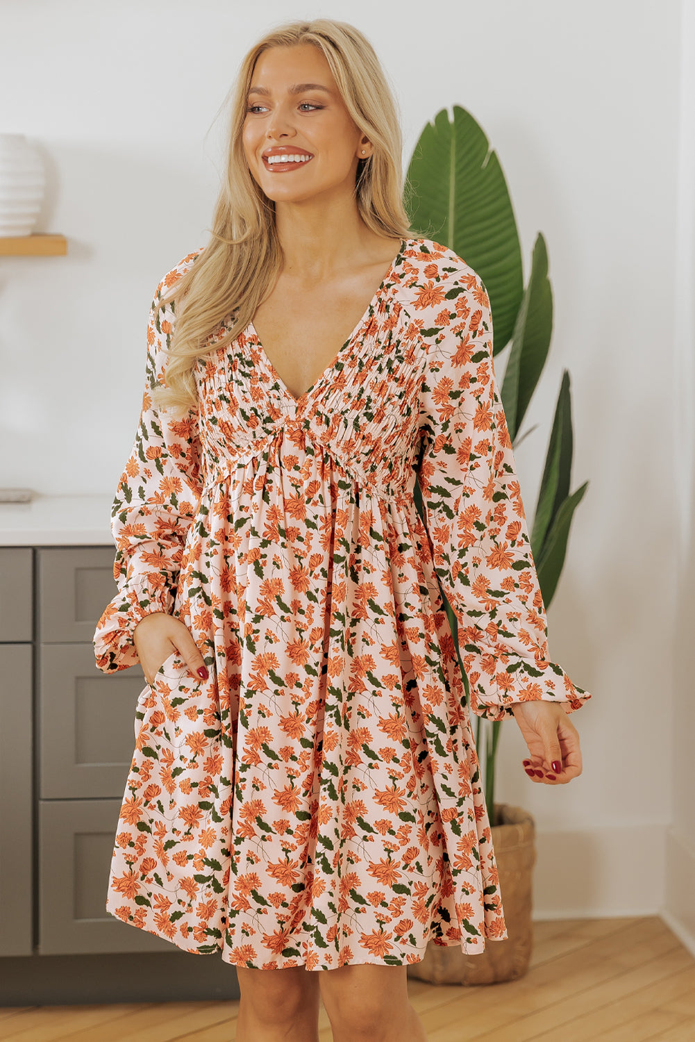 Floral V Neck Smocked Bust Bubble Sleeve Mini Dress